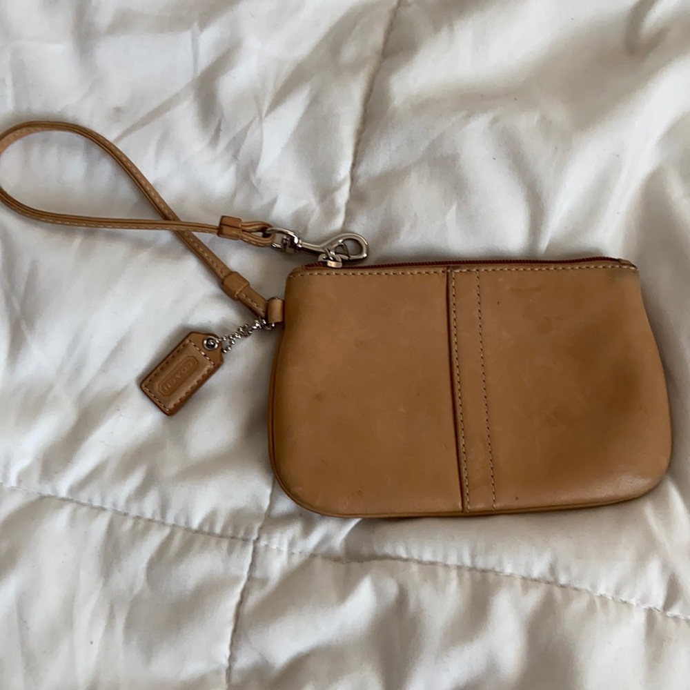 Tan Coach Coin Purse with wrist strap